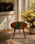 El Yapımı Epoksi & Ceviz Ağacı Yuvarlak Sehpa – Ahşap Ayaklı Designer River Table - Görsel 5
